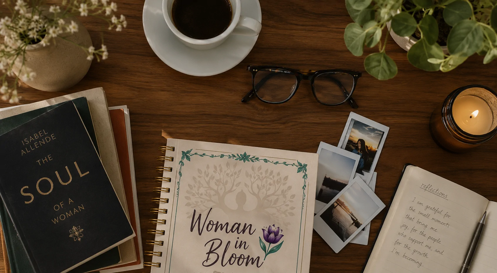 Woman in Bloom journal, coffee, books, and reflection journal arranged for a quiet moment