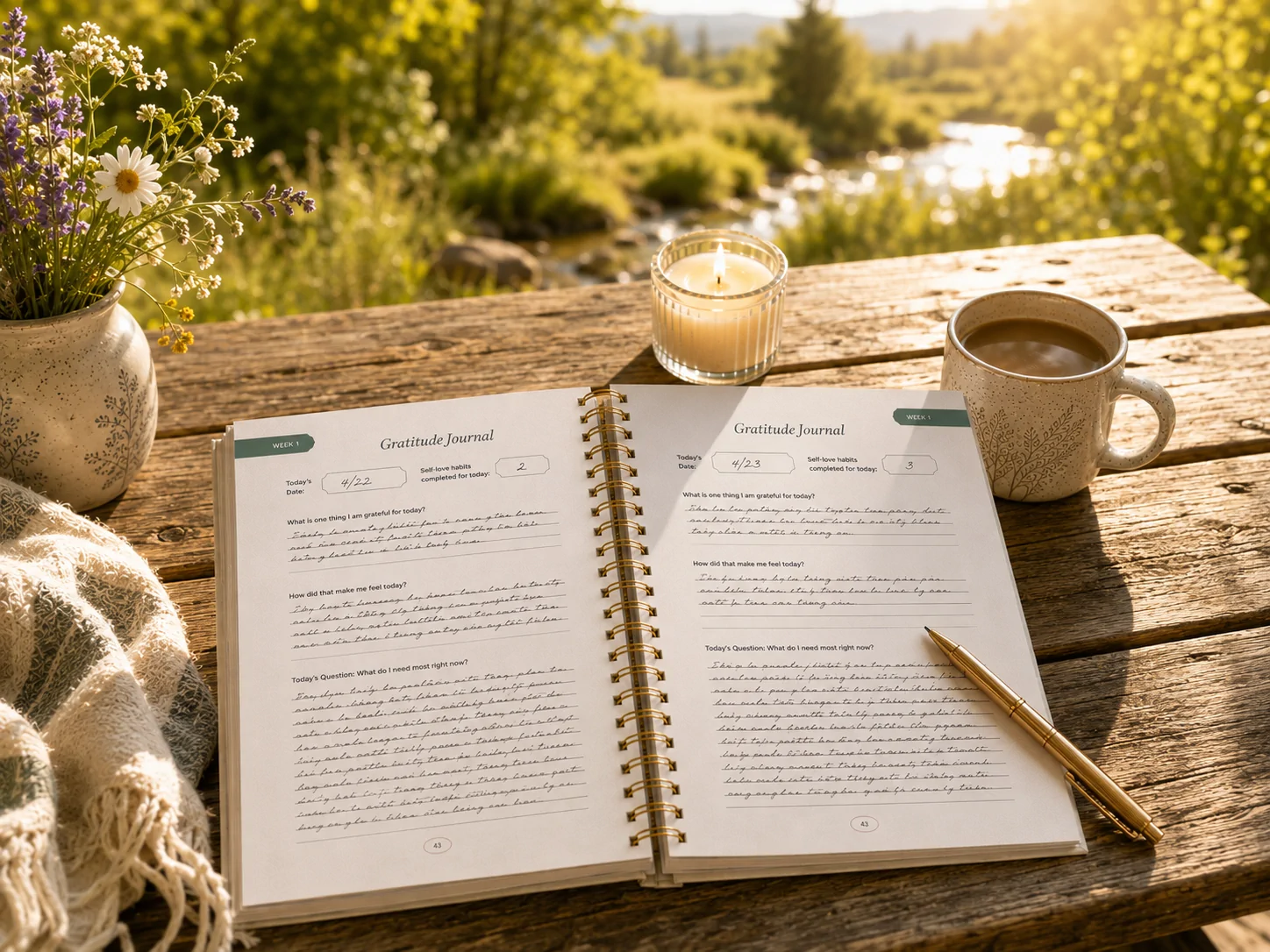 The Guide Woman in Bloom gratitude journal with flowers, coffee, and a candle outdoors