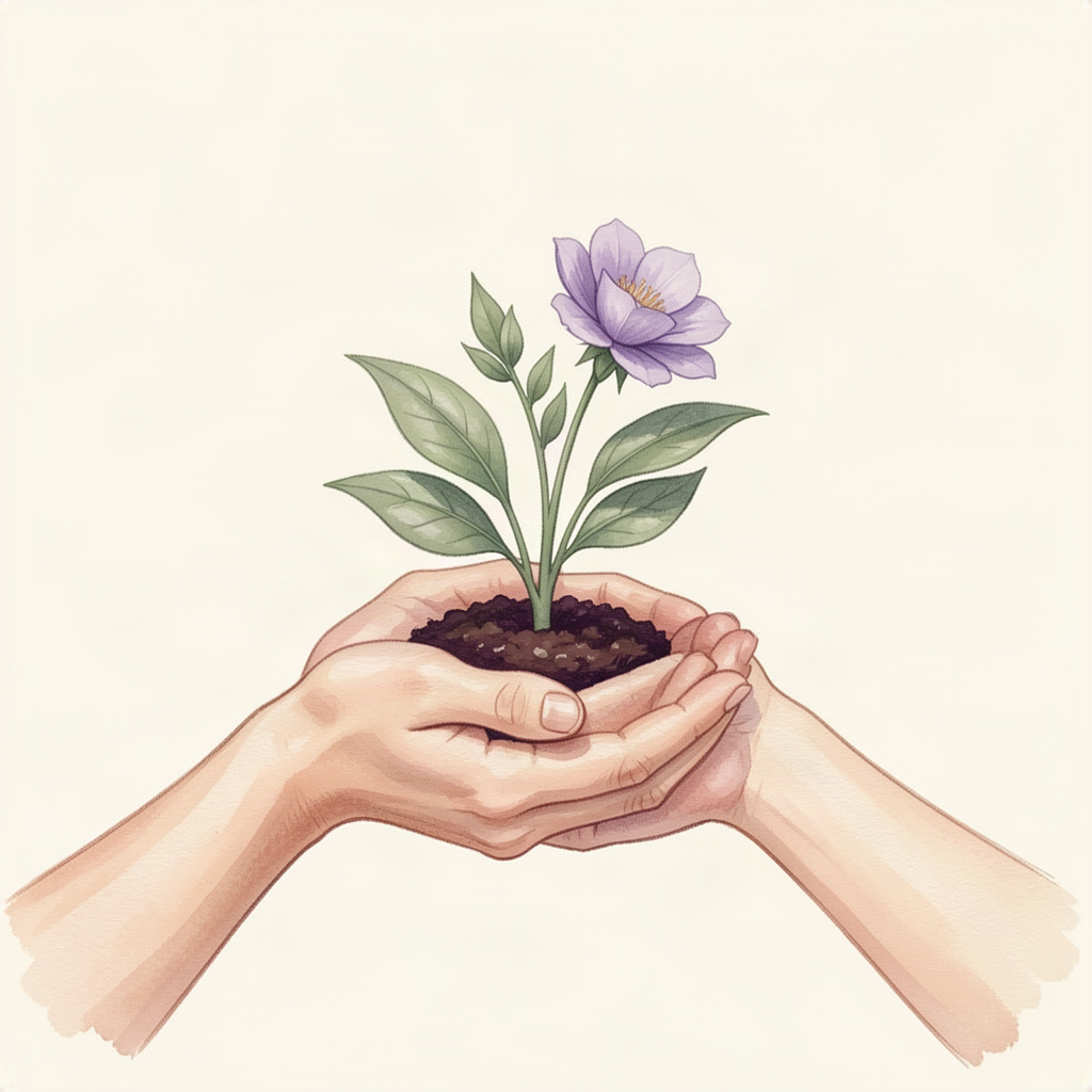 Community Illustration of hands gently tending a flowering plant