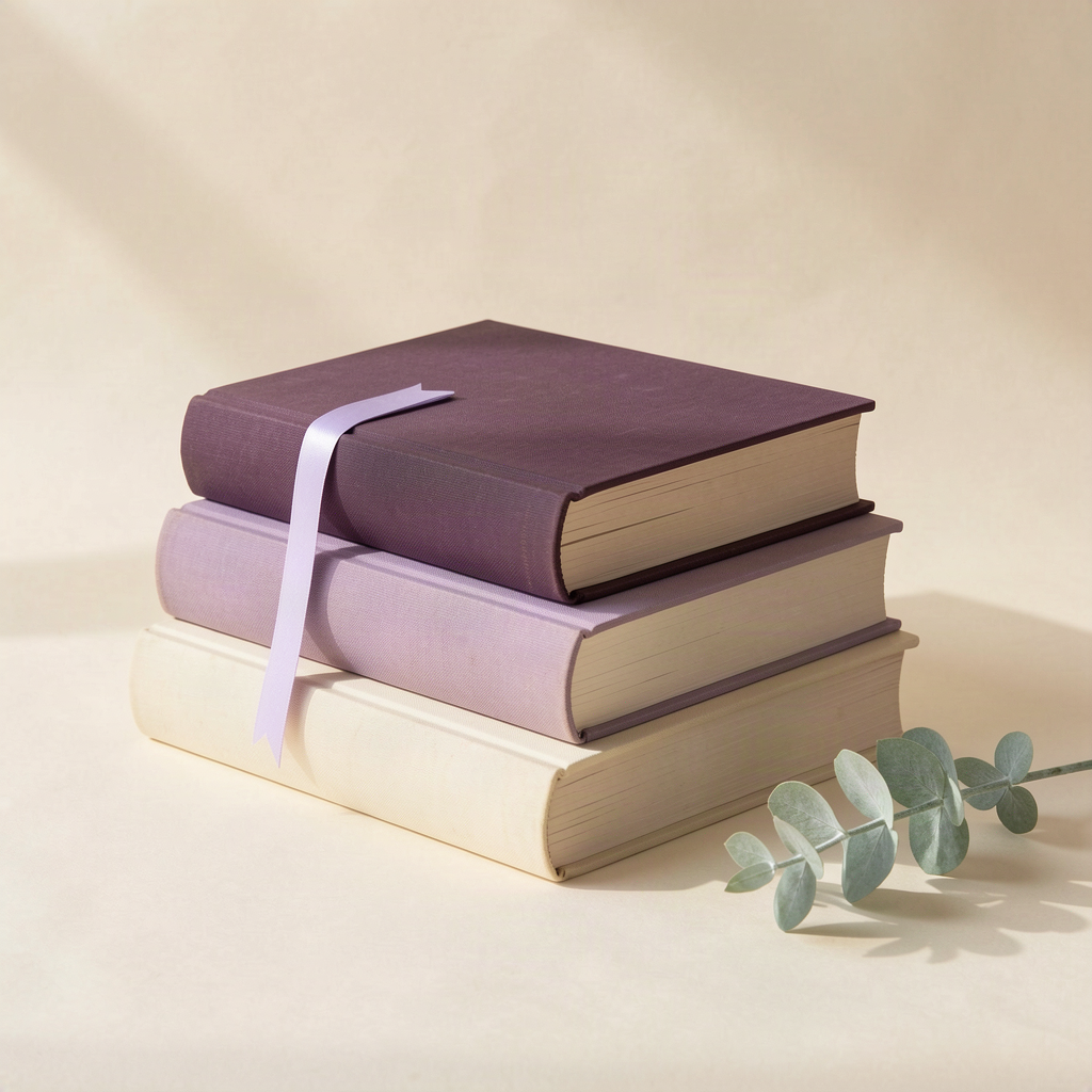 A stack of books with a botanical sprig
